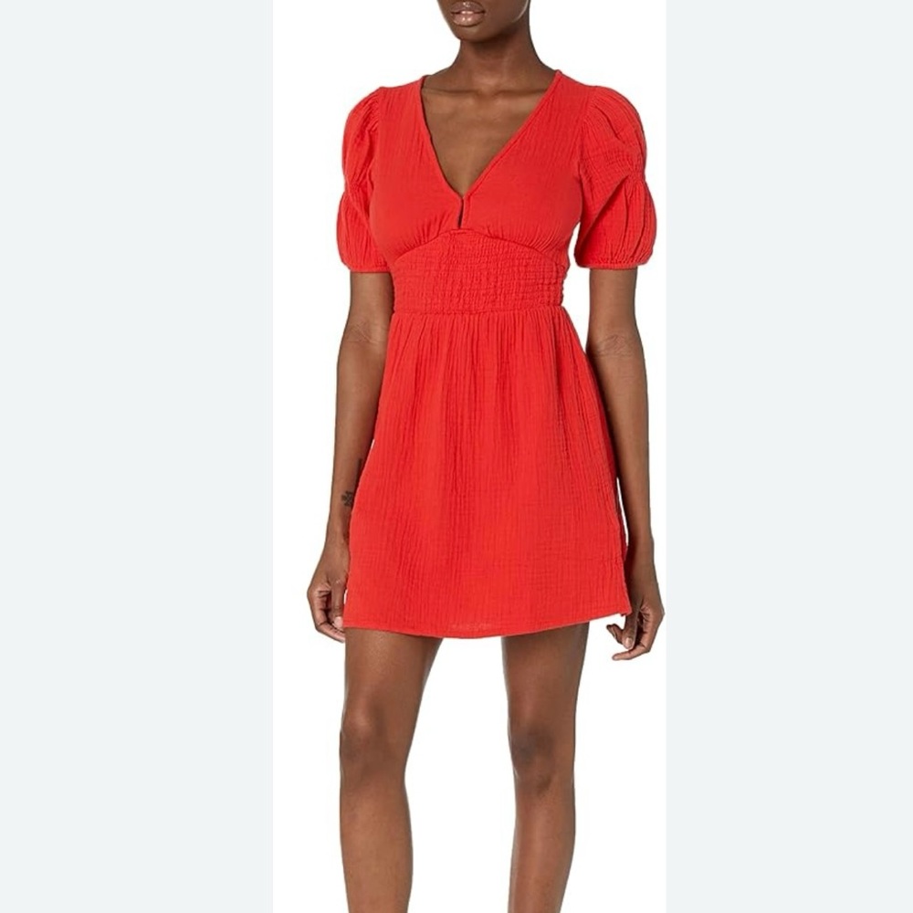 Billabong 100% Cotton Red V-Neck Short Sleeve Sheath Smock Dress Women XS